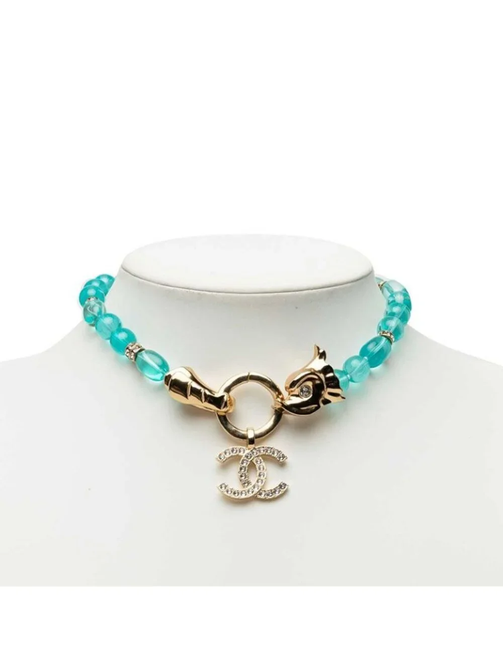 Chanel CC Logo Necklace Gold Blue Plated Rhinestone